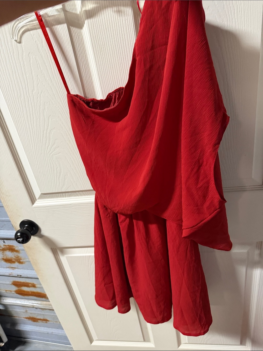 Main Strip Red One-Shoulder Dress with Draped Detail